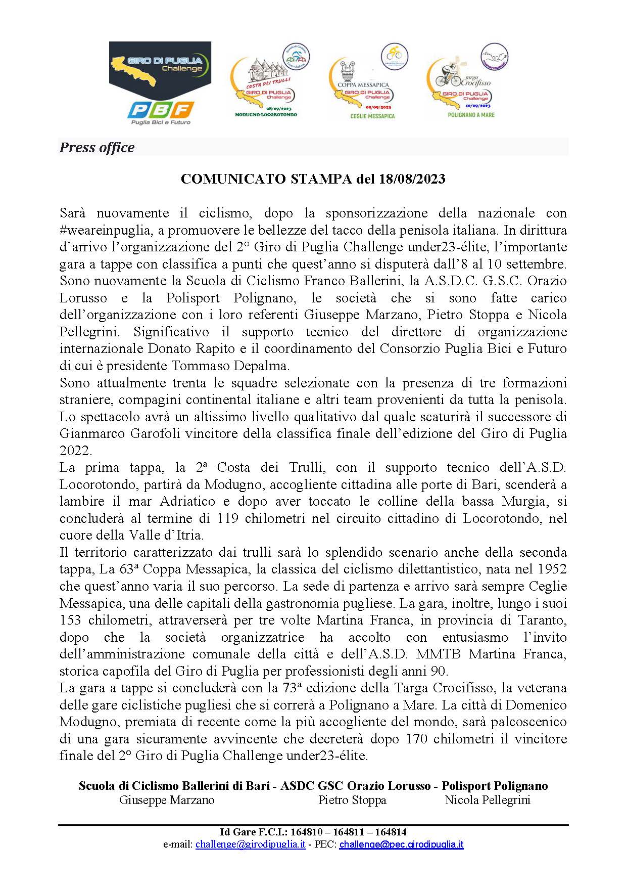Giro di Puglia comunicato 18 08 2023